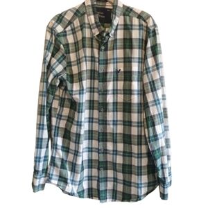American Eagle Outfitters LT Plaid Shirt Green Blue‎ White Button Front Athletic